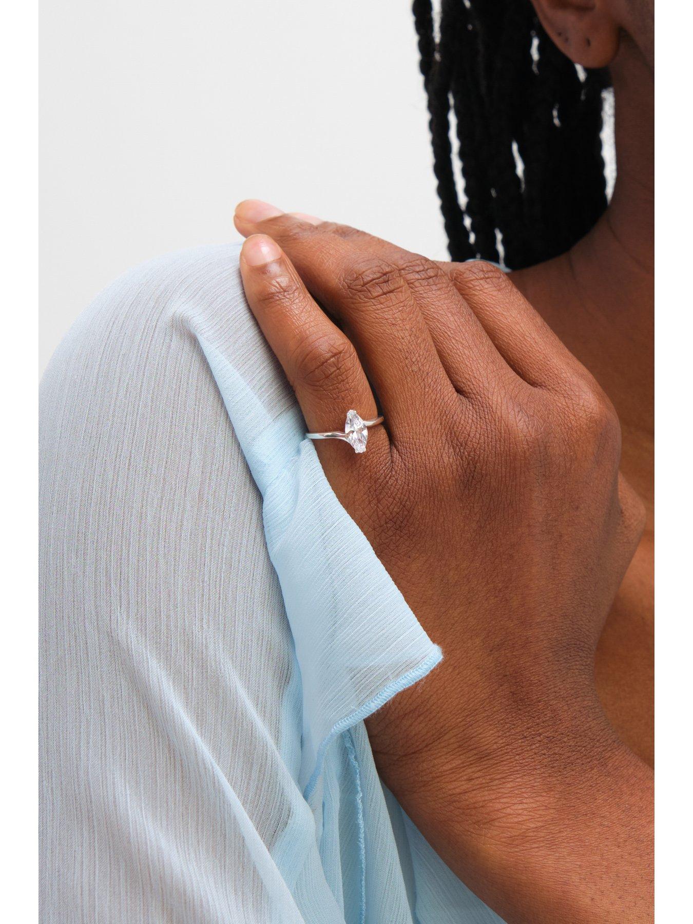  image of inicio-sterling-silver-plated-cubic-zirconia-navette-engagement-ring-gift-pouch