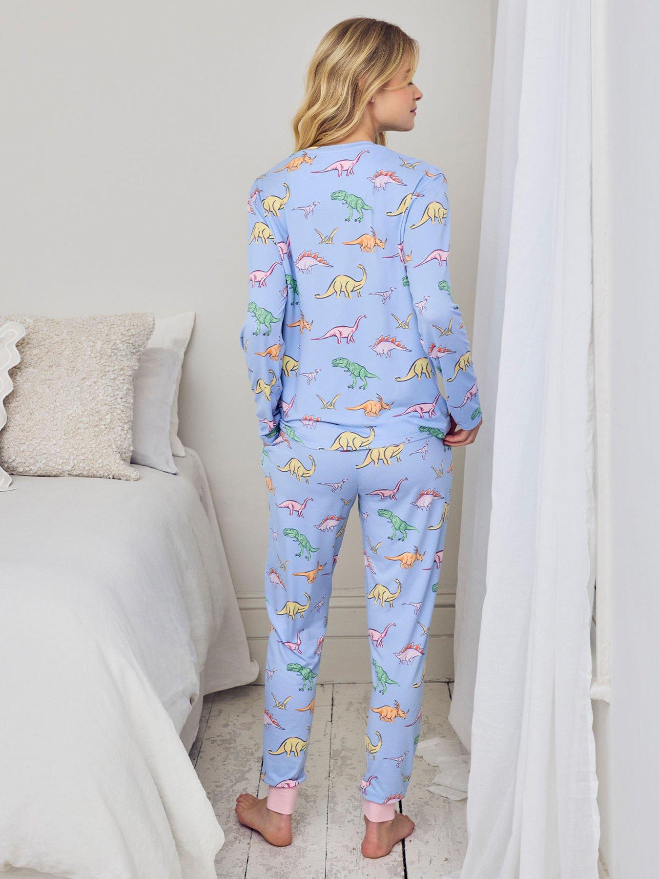 Image 2 of 5 of CHELSEA PEERS Dinosaur Print Long Pyjama Set - Blue
