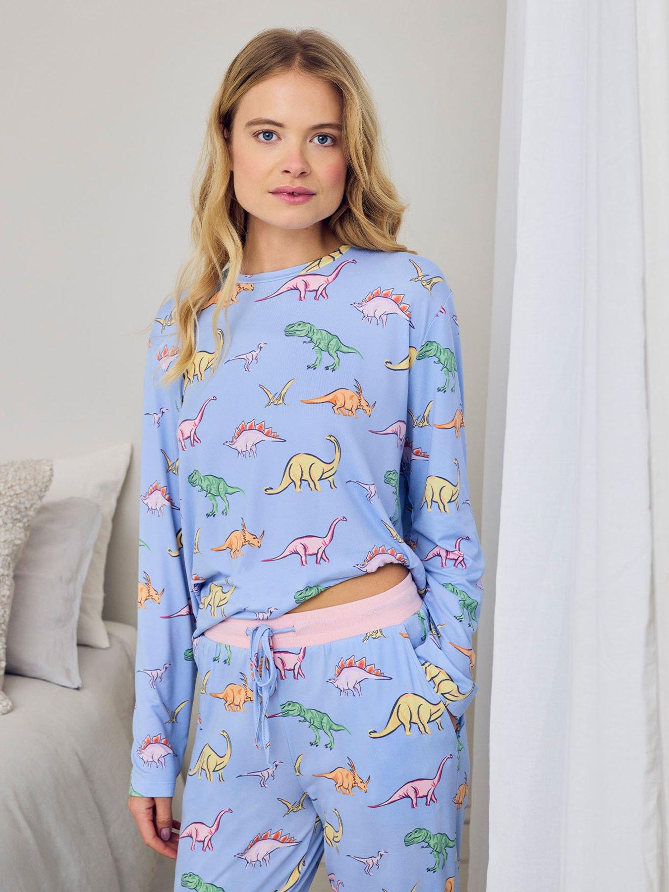 Image 4 of 5 of CHELSEA PEERS Dinosaur Print Long Pyjama Set - Blue