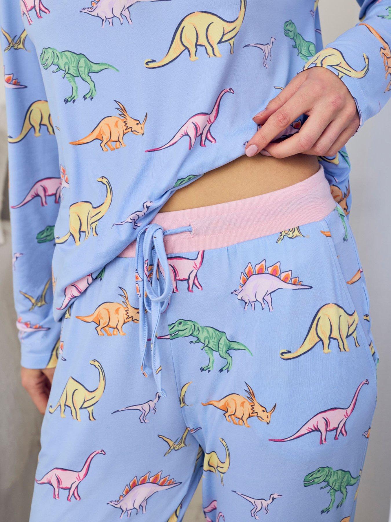 Image 5 of 5 of CHELSEA PEERS Dinosaur Print Long Pyjama Set - Blue