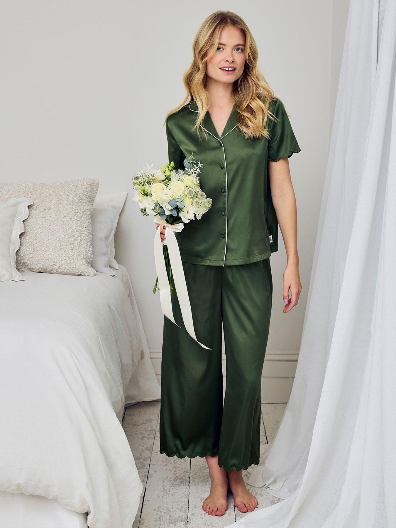 Image 1 of 5 of CHELSEA PEERS Satin Scallop Edge Long Pyjama Set - Khaki