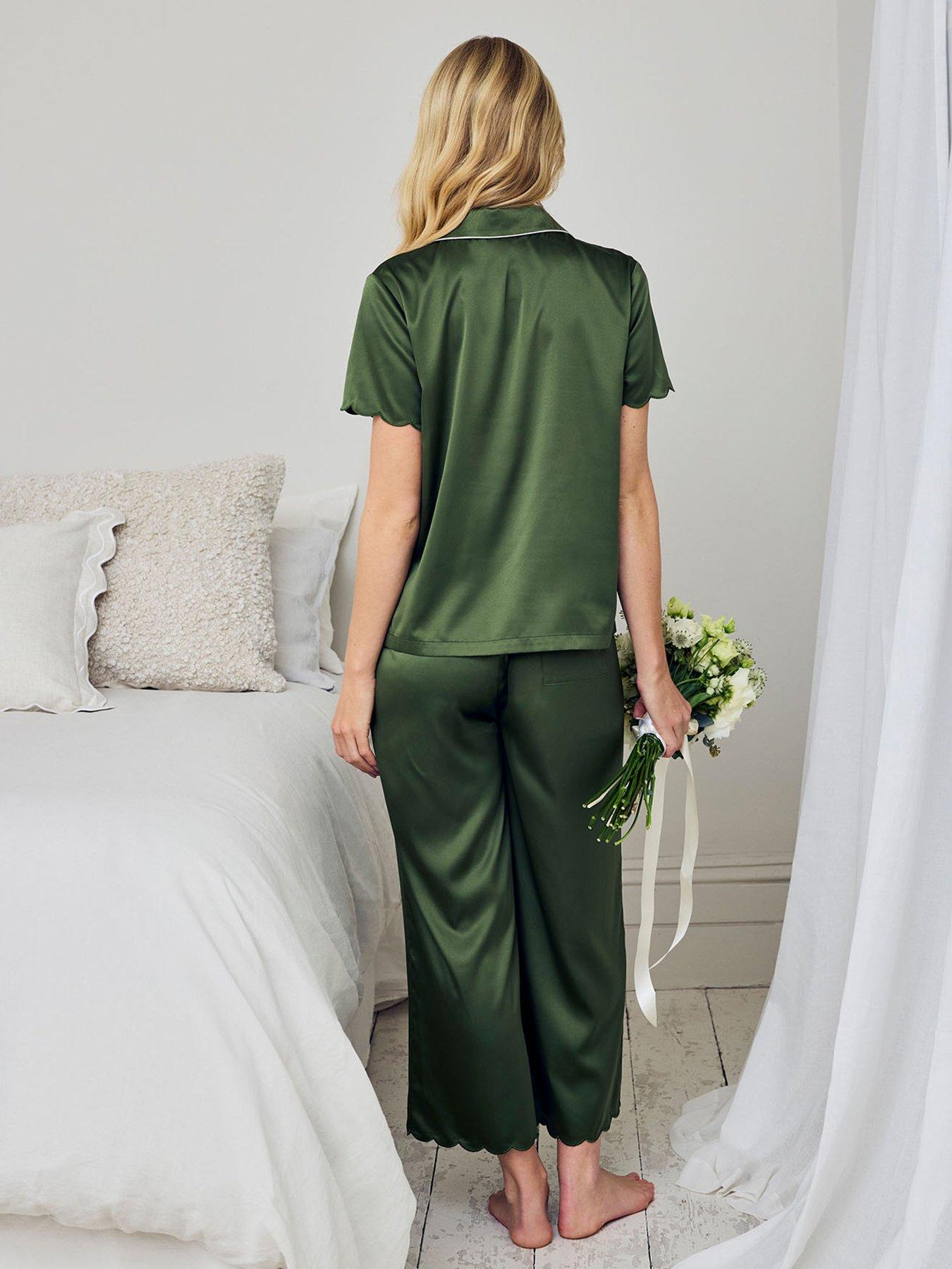 Image 2 of 5 of CHELSEA PEERS Satin Scallop Edge Long Pyjama Set - Khaki