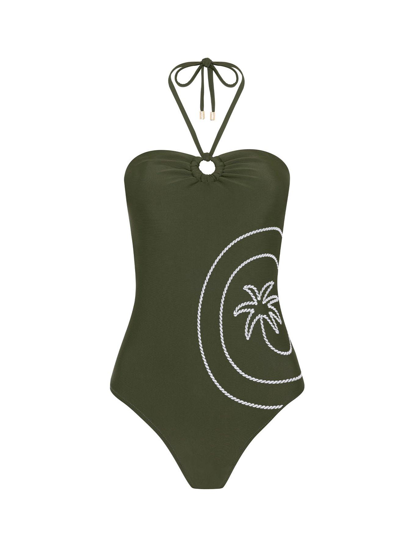 Image 5 of 6 of CHELSEA PEERS Embroidered Palm Swirl Halterneck Swimsuit - Khaki
