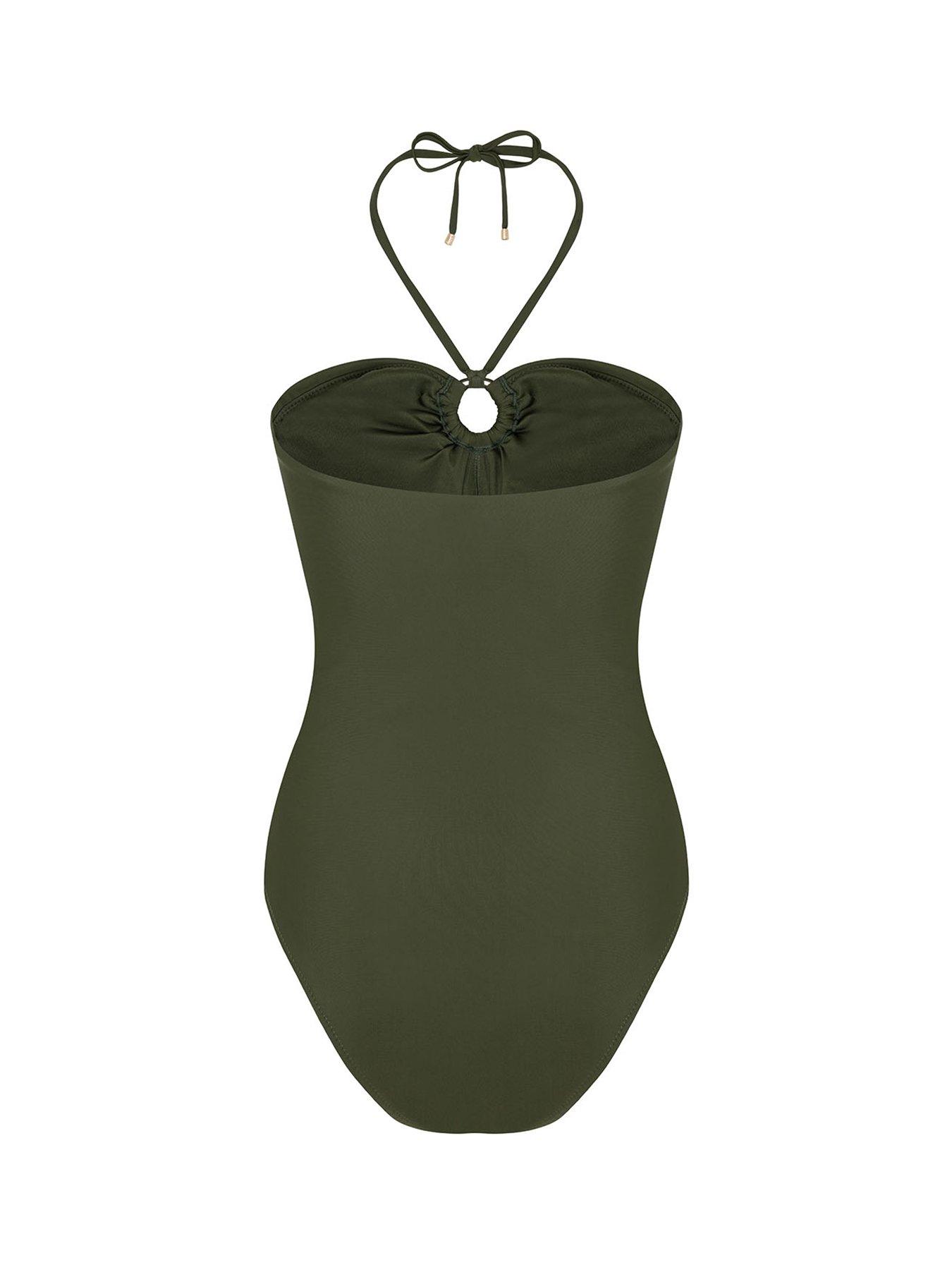 Image 6 of 6 of CHELSEA PEERS Embroidered Palm Swirl Halterneck Swimsuit - Khaki