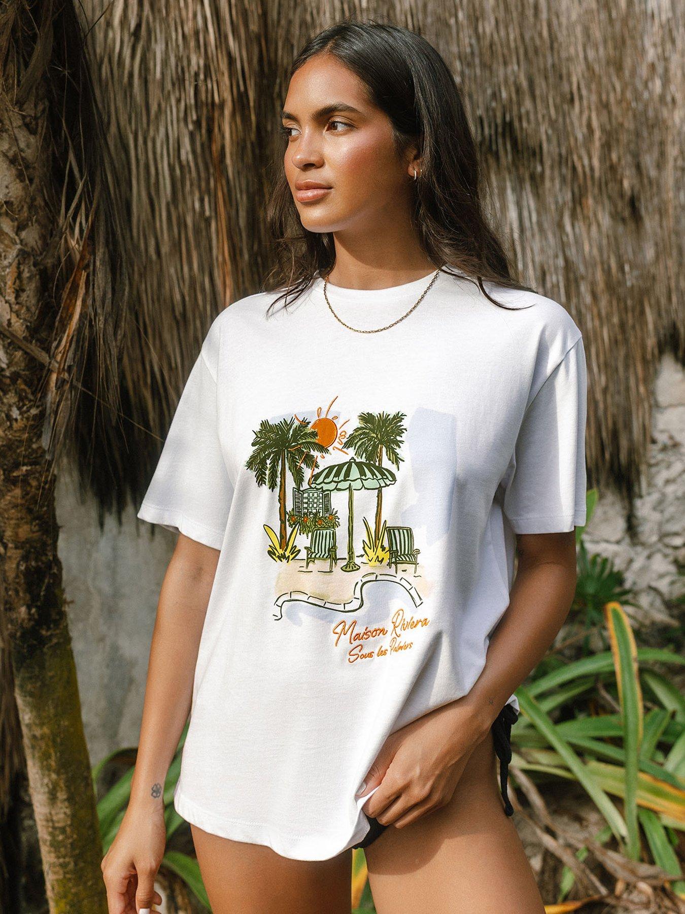 CHELSEA PEERS Organic Cotton Embroidered Maison Riviera Sous Les Palmiers Print T-shirt - White