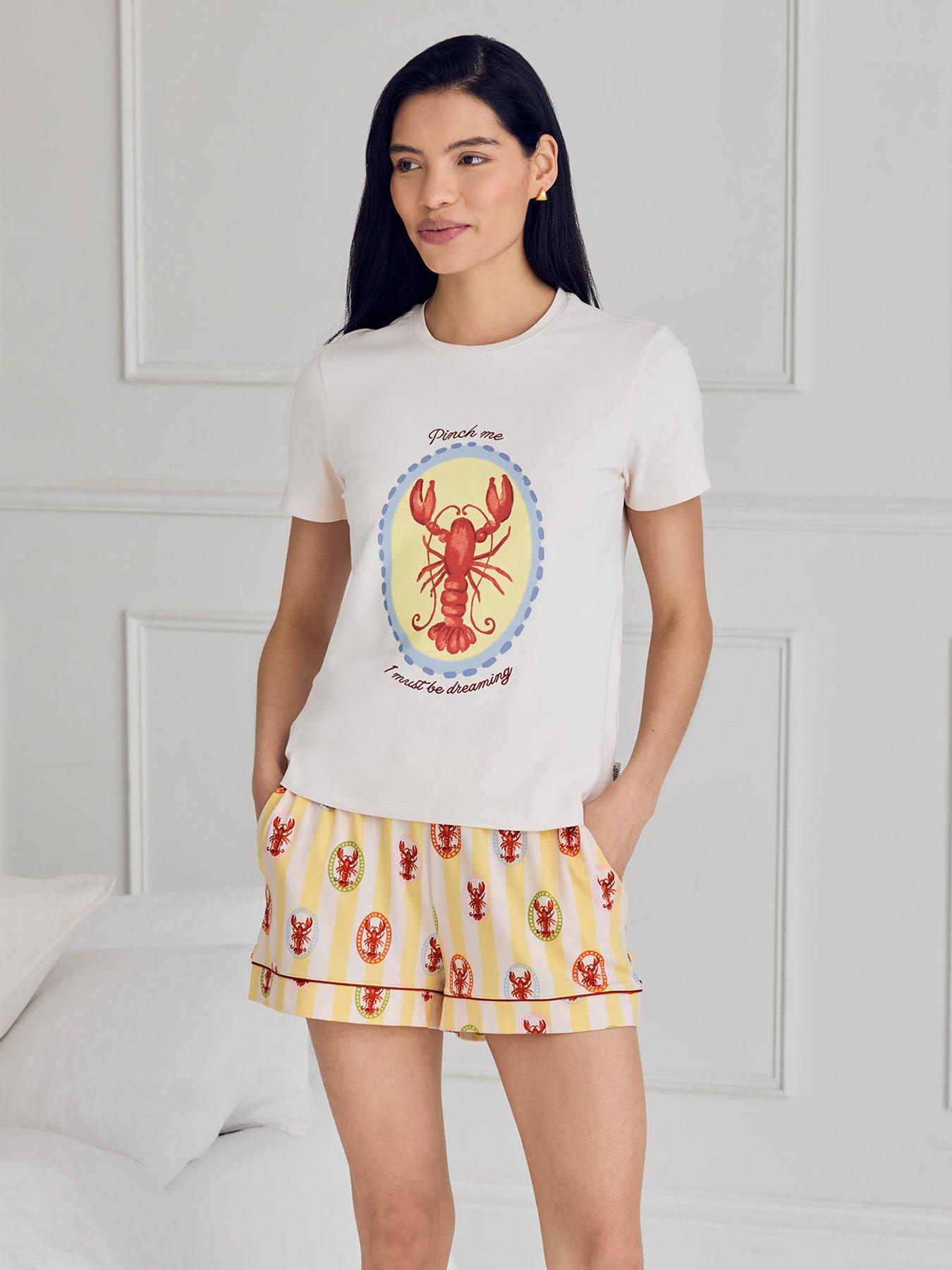 CHELSEA PEERS Embroidered Lobster Stripe Graphic Tee Short Pyjama Set - Yellow