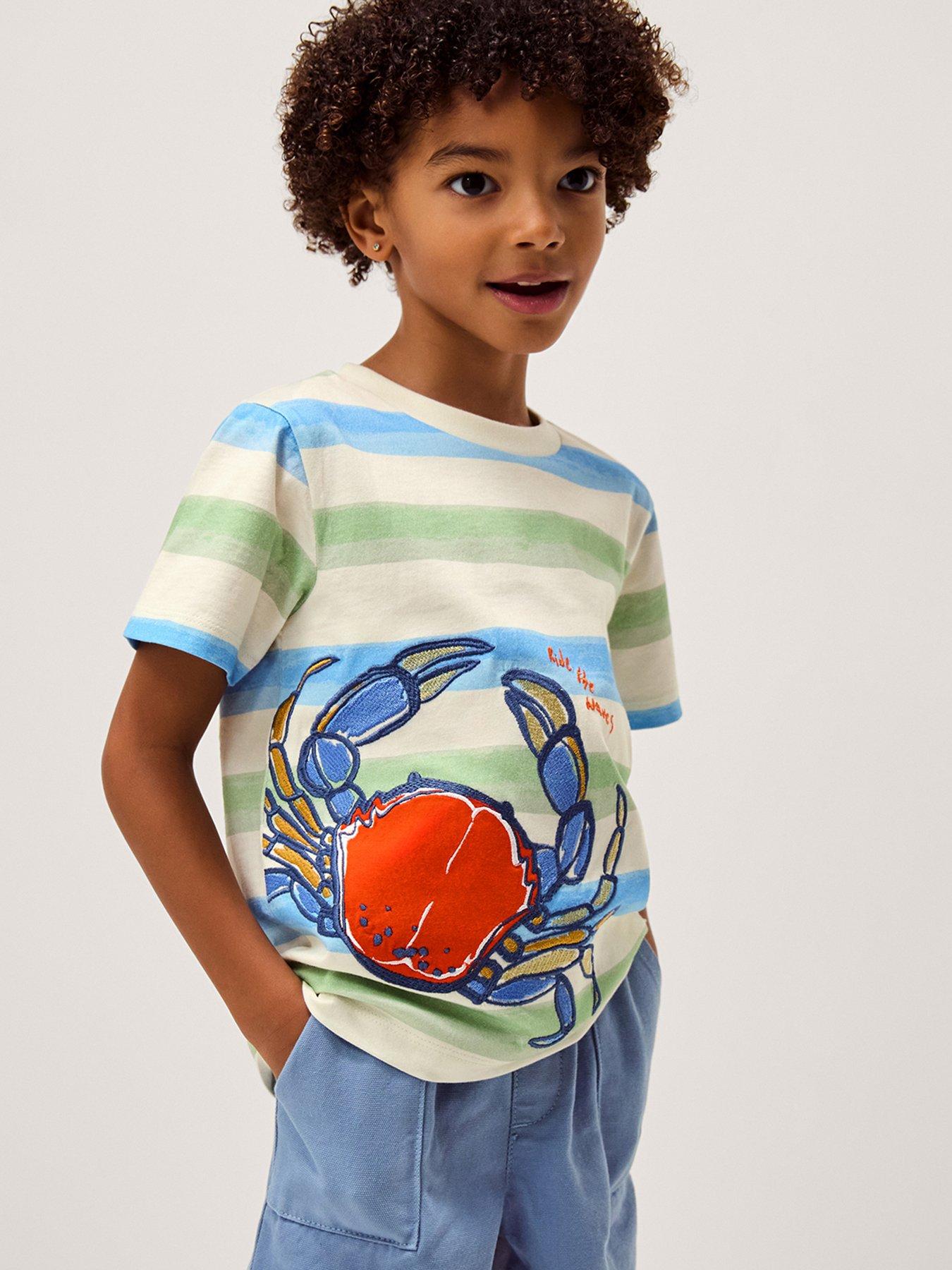 Monsoon Boys Crab Applique Stripy Tshirt - Blue