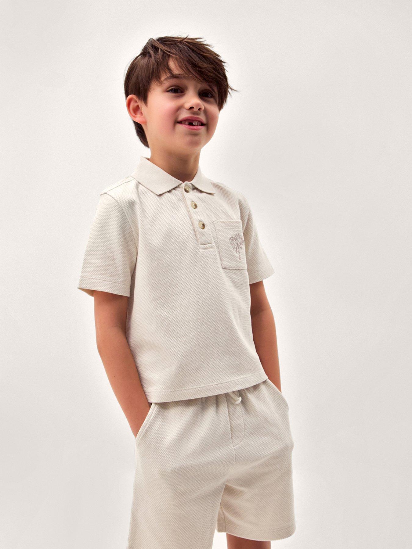 Monsoon Boys Plain Jersey Polo and Shorts Set - Beige