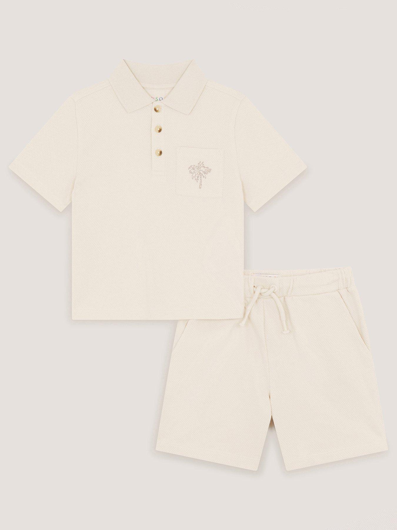 Monsoon Boys Plain Jersey Polo and Shorts Set - Beige
