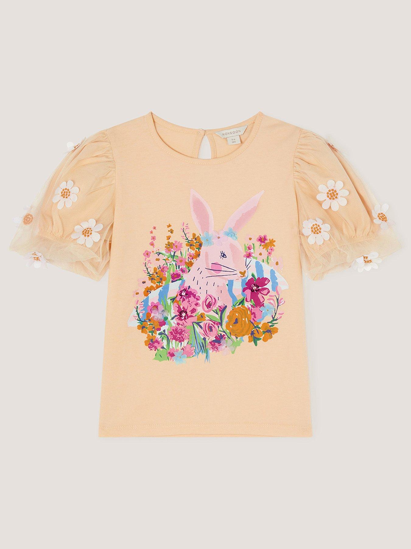 Monsoon Girls Short Sleeve Floral Printed Bunny Tshirt - Yellow