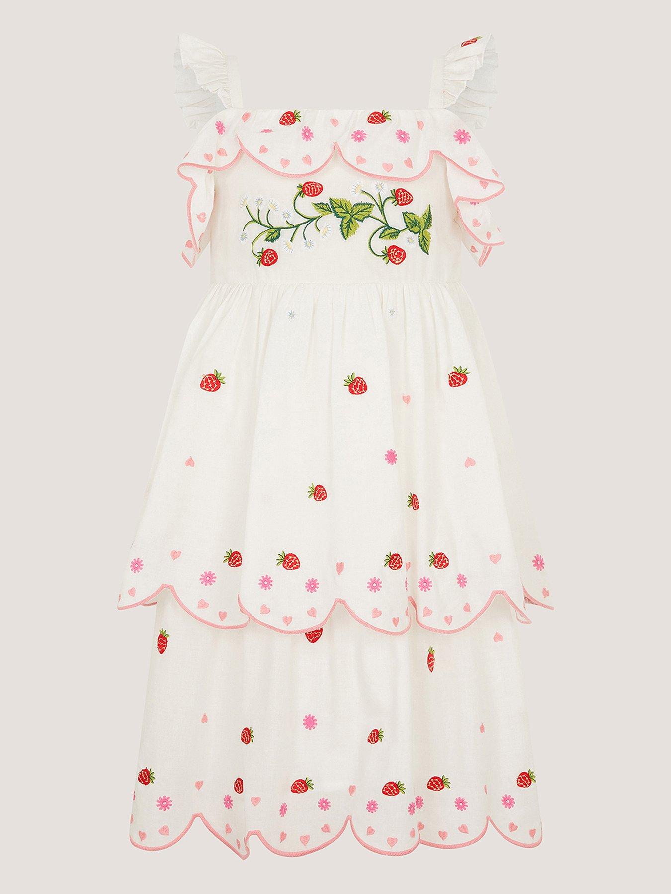 Monsoon Girls Strawberry Embroidered Tierred Dress - Light Cream