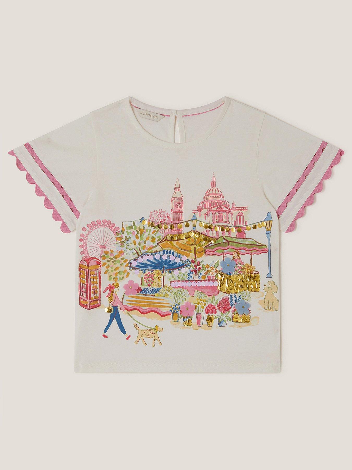 Monsoon Girls Short Sleeve London Scene Tshirt - Light Cream