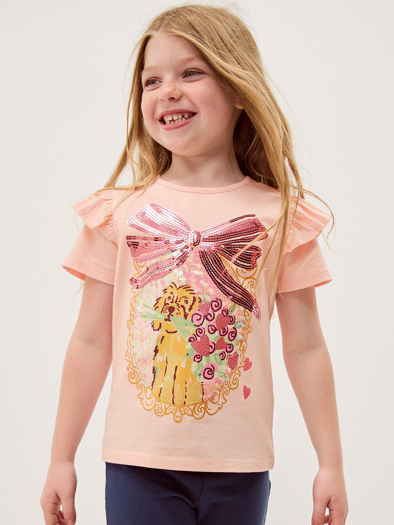 Monsoon Girls Short Sleeve Sequin Bow Dog Tshirt - Pink