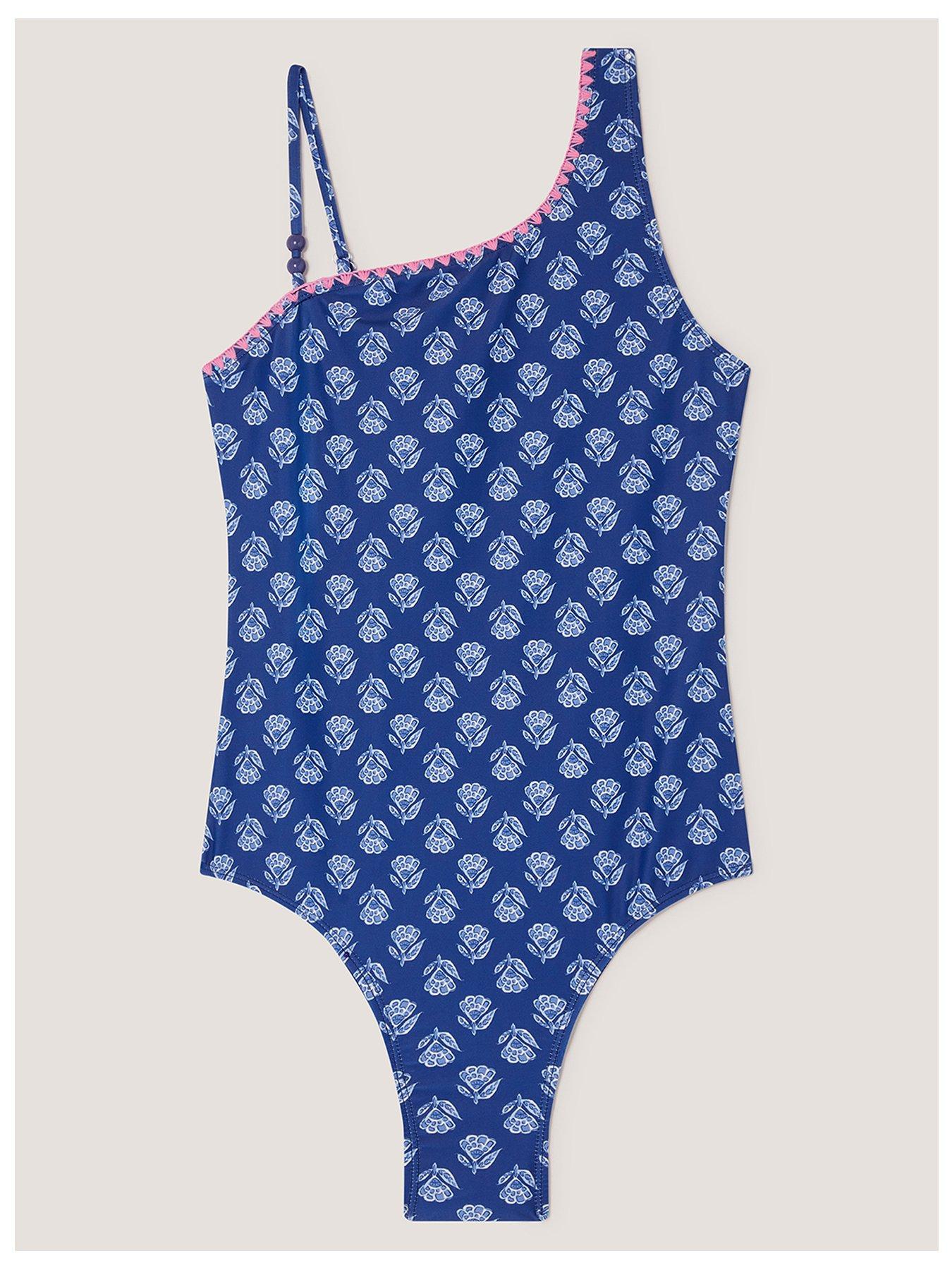 Monsoon Girls Woodblock 1 Shoulder Swimsuit - Navy