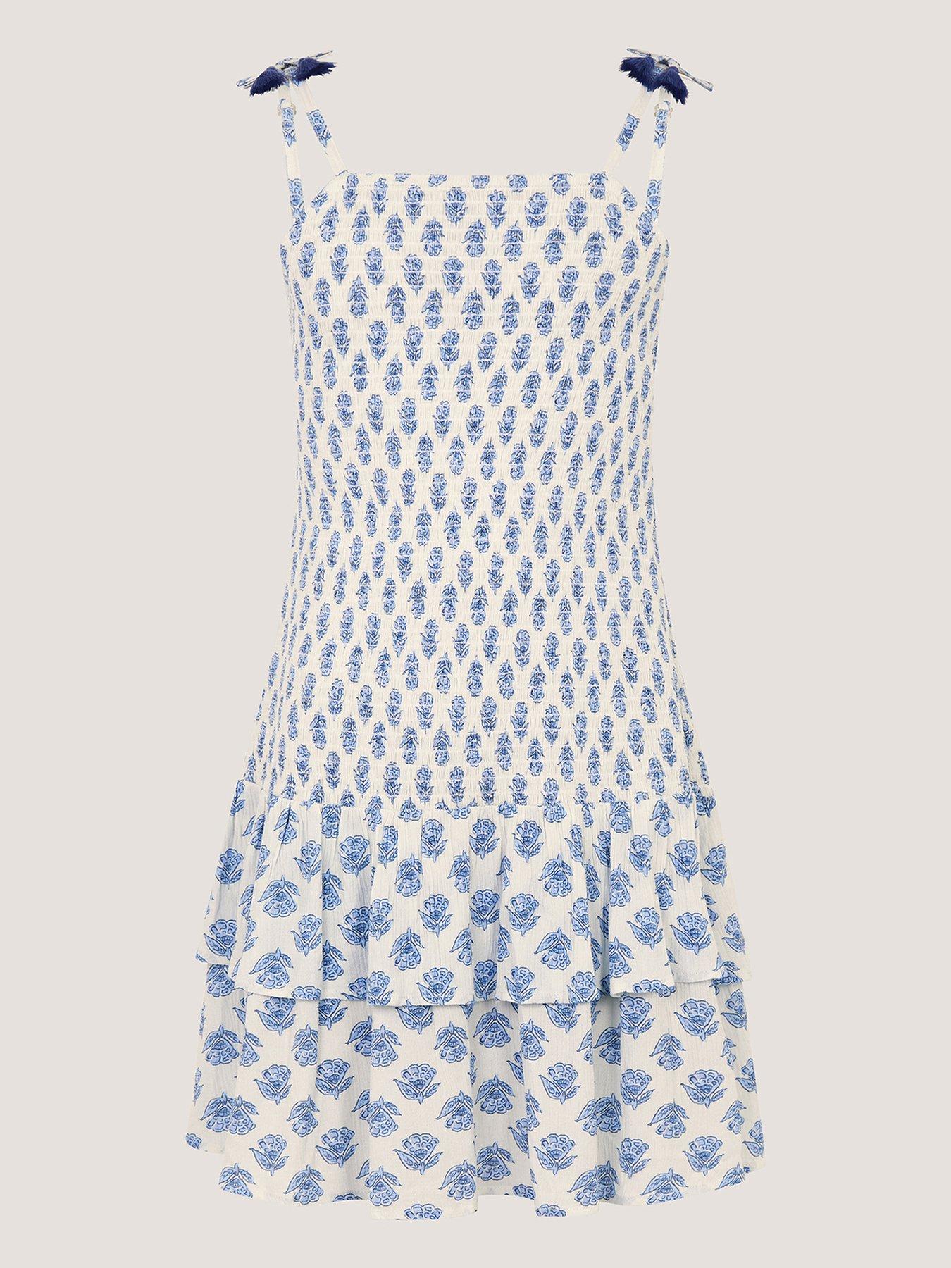 Monsoon Girls Woodblock Shirred Dress - White