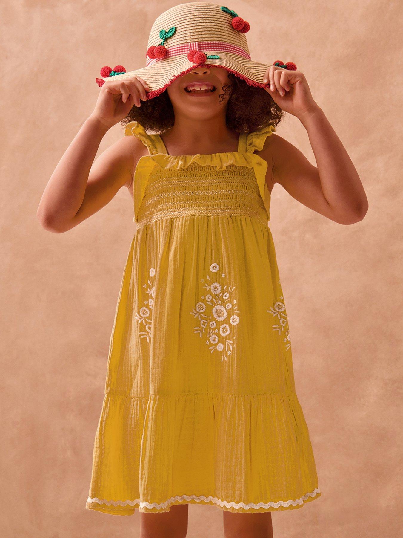 Monsoon Girls Cheesecloth Embroidered Dress - Yellow
