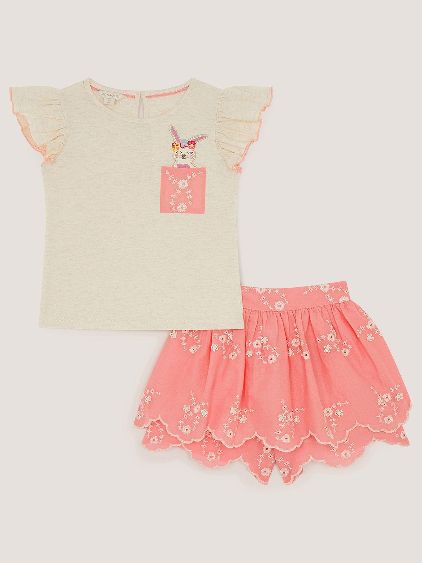 Monsoon Girls Short Sleeve Bunny Tee  &  Broiderie Skort Set - Pink