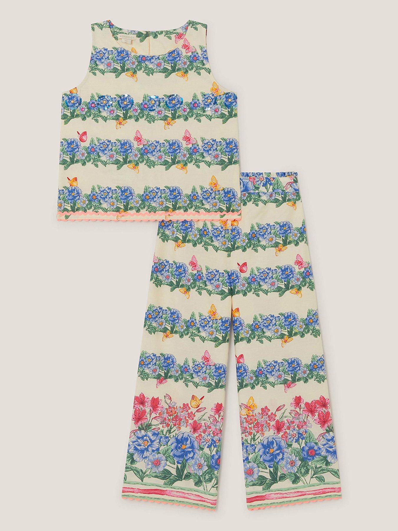 Monsoon Girls Clara Floral Top  &  Trousers Set - Light Cream