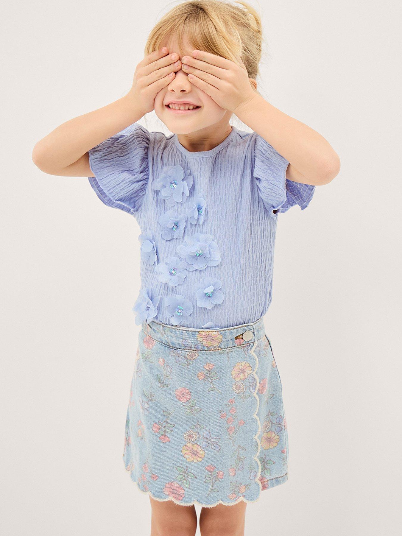 Monsoon Girls Floral Denim Scallop Skort - Blue