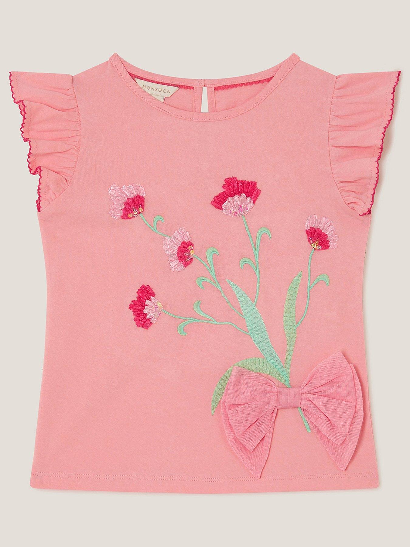 Monsoon Girls Short Sleeve Tulip Ribbon Embroidered Tshirt - Pink