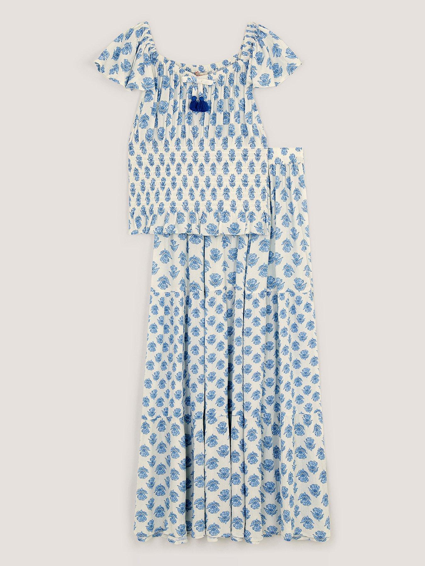 Monsoon Girls Woodblock Maxi Skirt Set - White