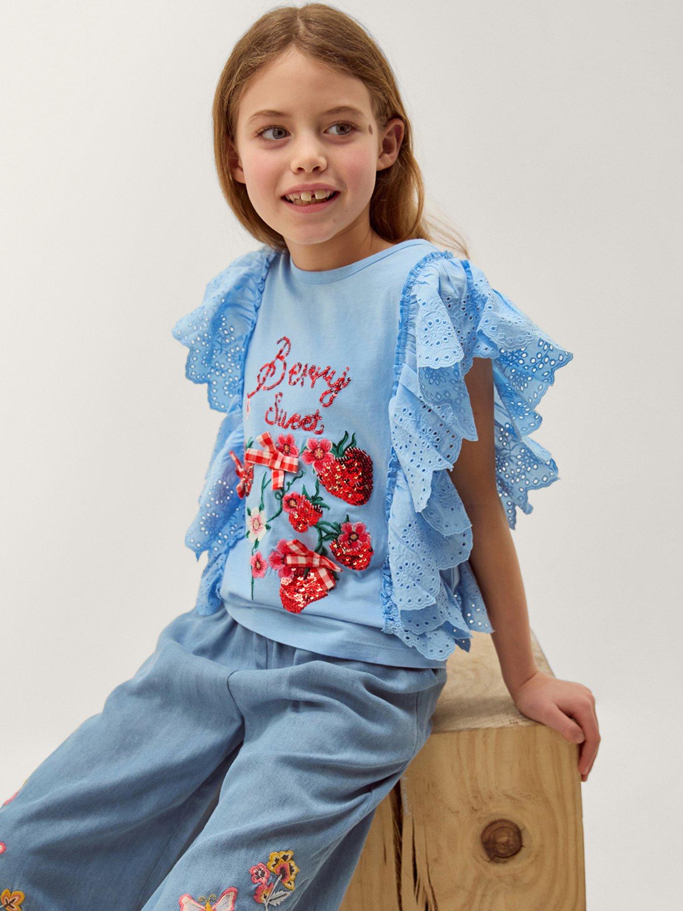 Image 1 of 4 of Monsoon Girls Strawberry Sequin T-shirt - Blue
