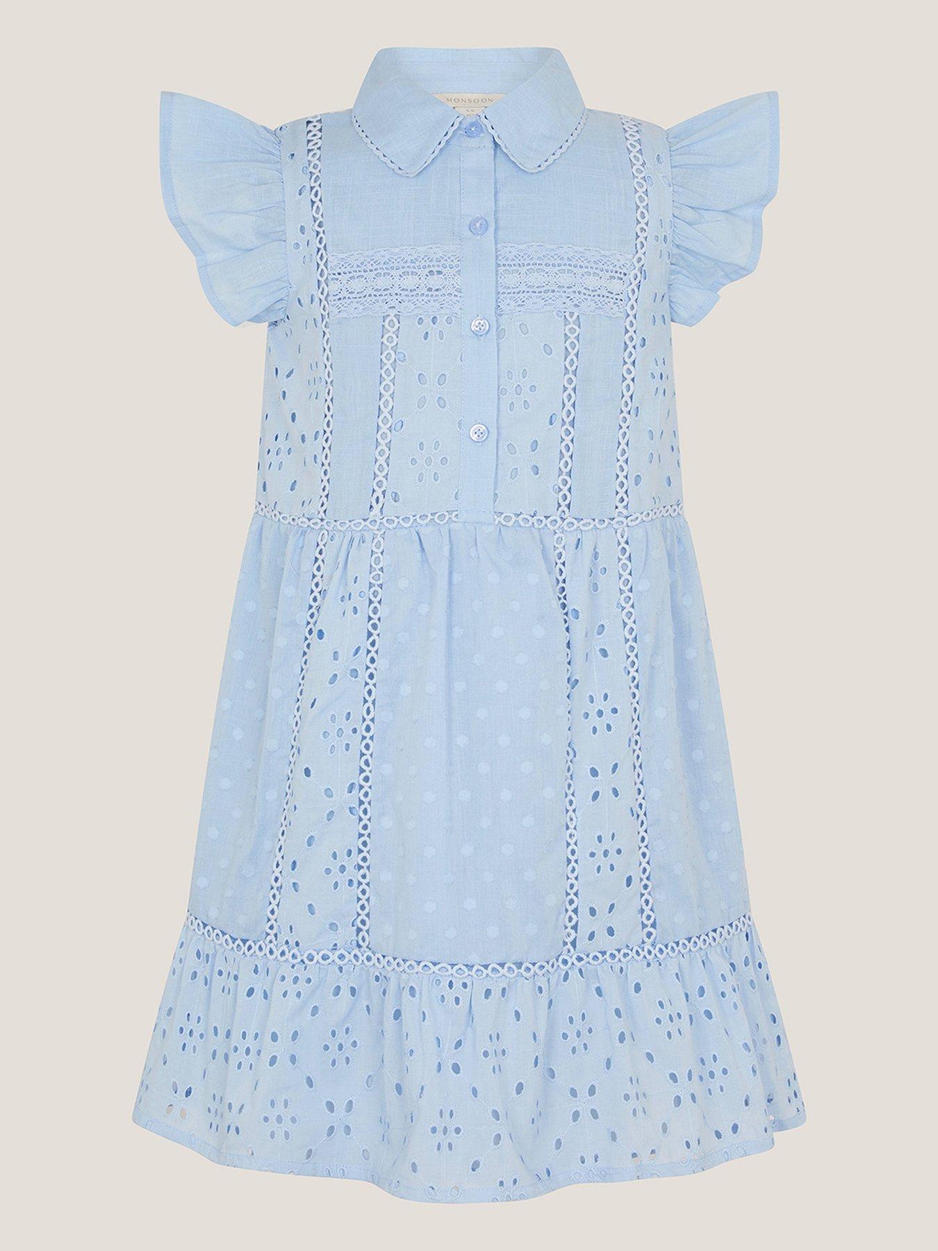 Monsoon Girls Broiderie Button Dress - Blue