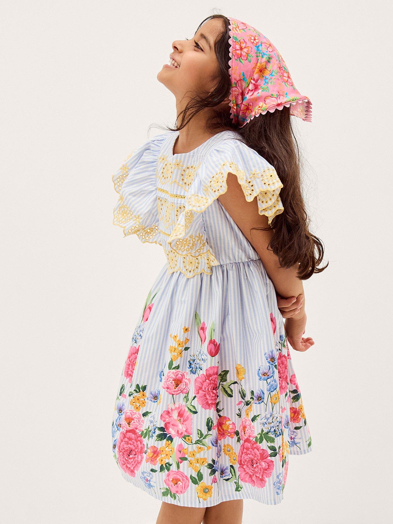 Monsoon Girls Garden Ticking Border Dress - Blue
