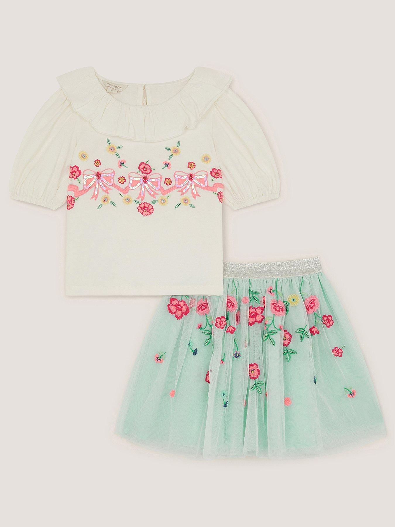 Monsoon Girls Bow Floral Top  &  Disco Skirt Set - Multi