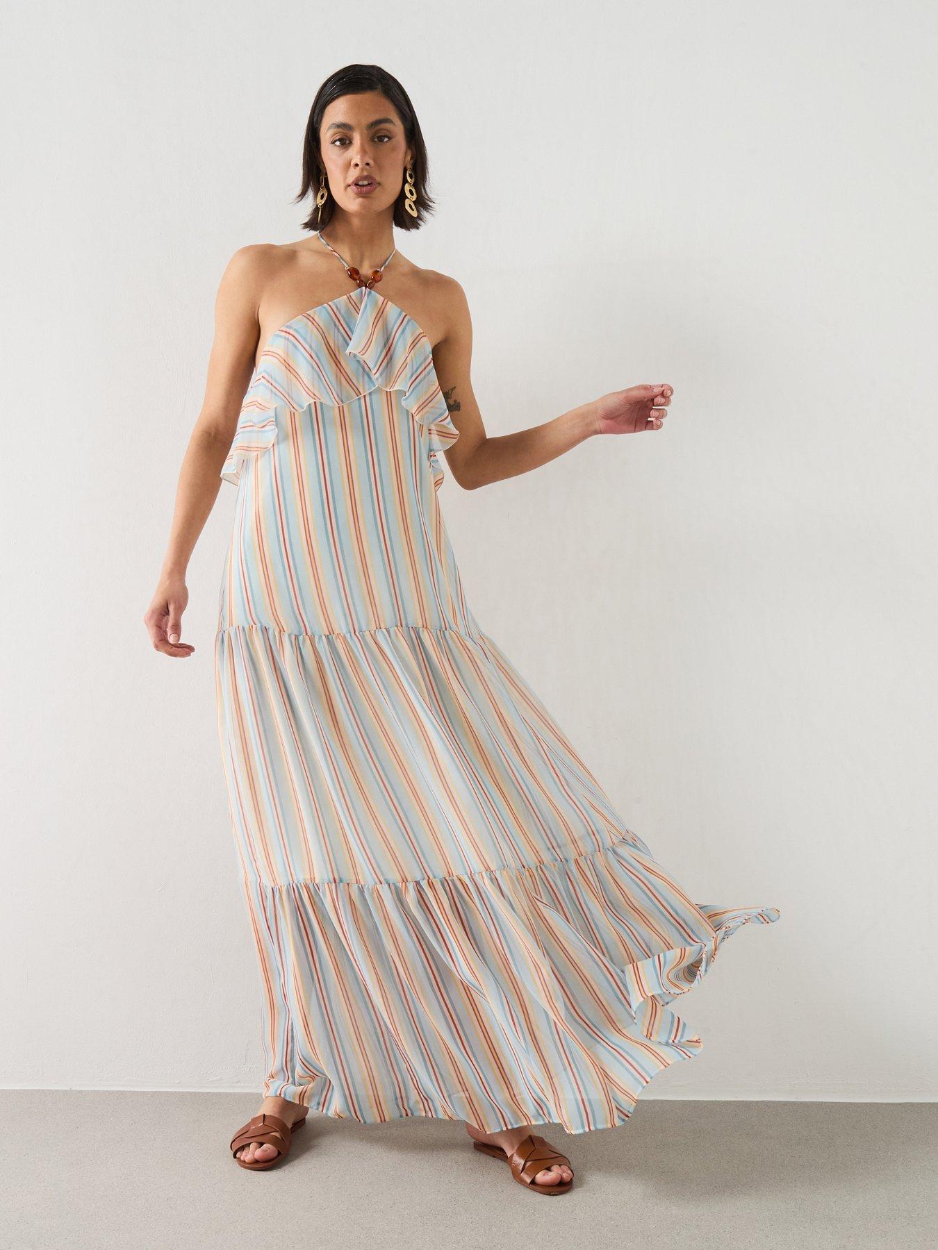 Mango Ruffled Striped Dress - Blue