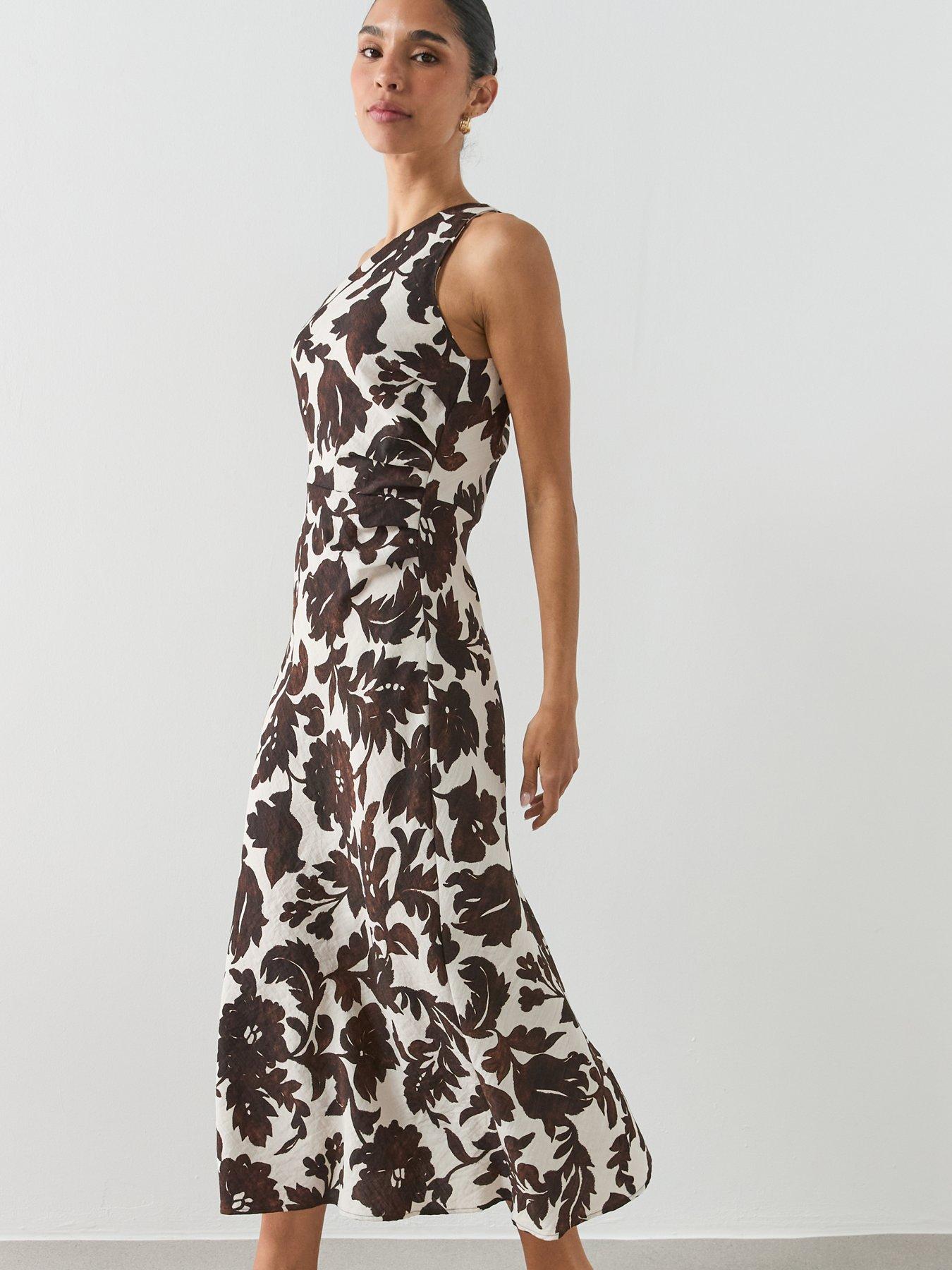Image 4 of 6 of Mango Asymmetrical Floral-Print Dress - Brown