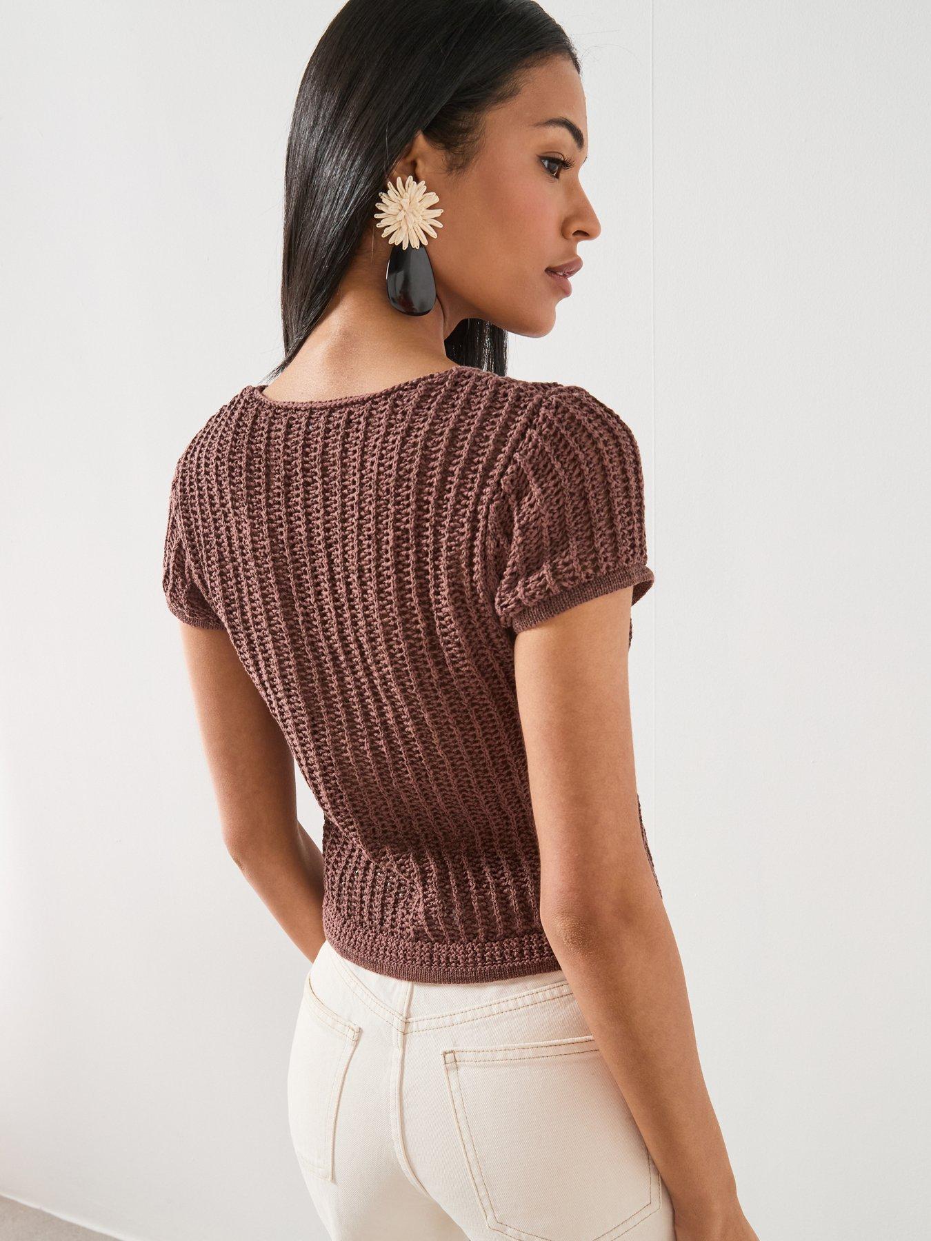 Image 2 of 6 of Mango Short-Sleeved Crochet Cardigan - Brown