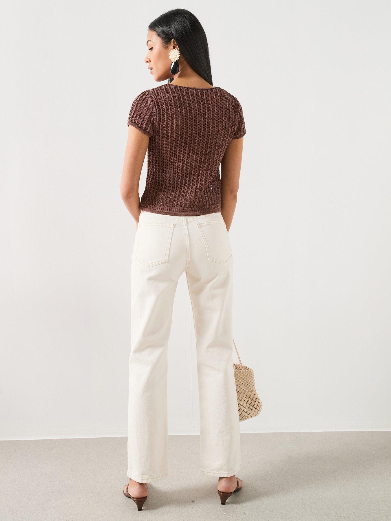 Image 6 of 6 of Mango Short-Sleeved Crochet Cardigan - Brown