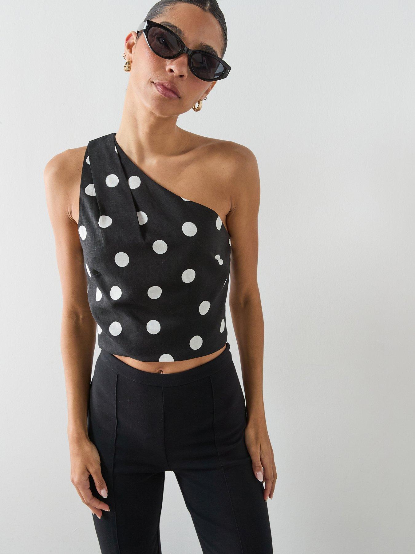 Mango Asymmetric Polka Dot Top - Black