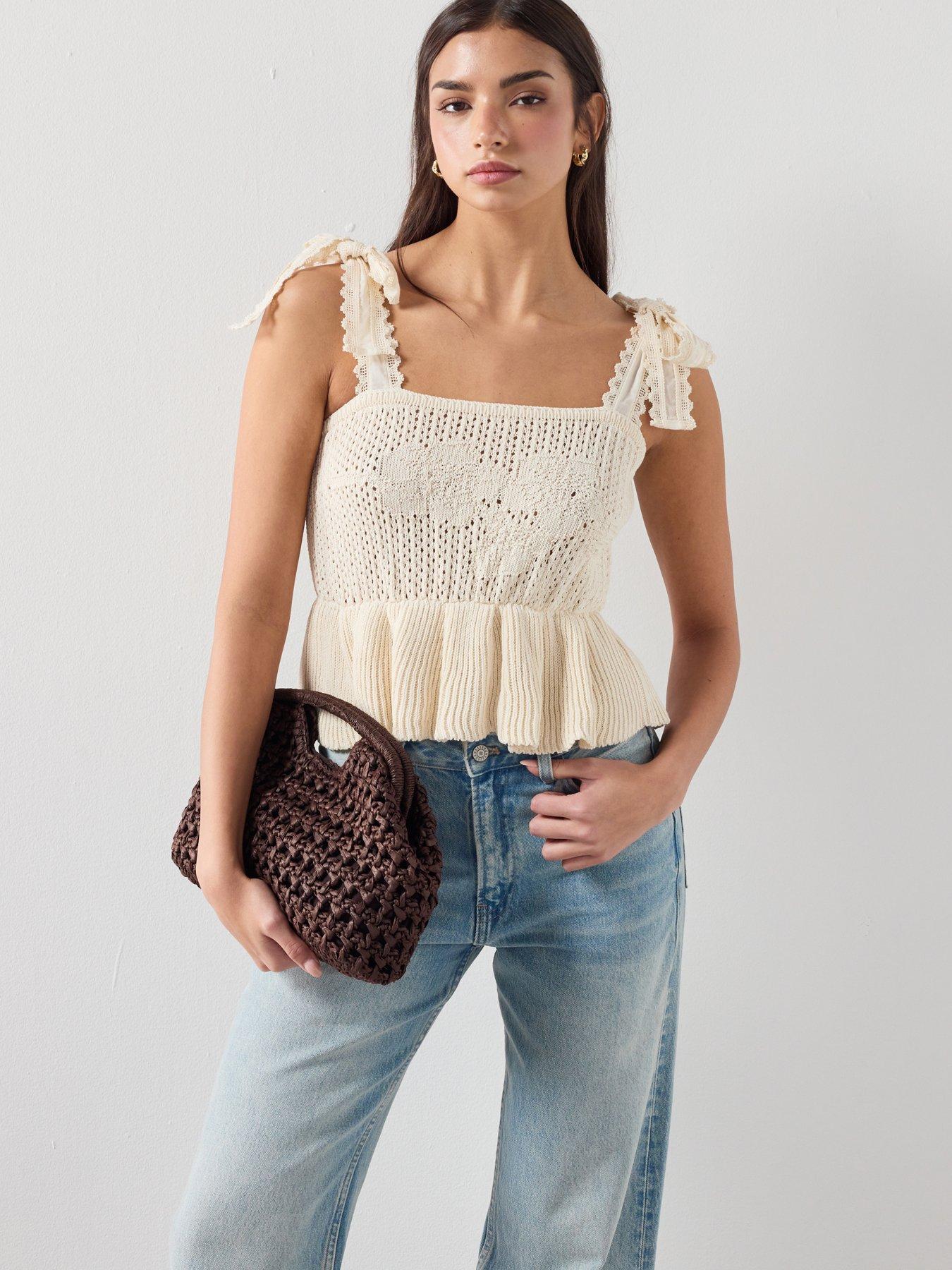 Mango Openwork Knitted Top With Bows - Cream - Beige