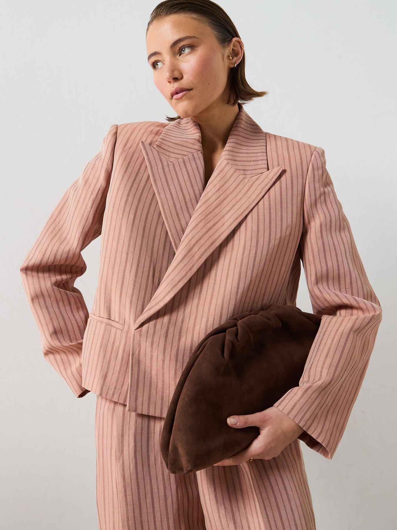 Mango Linen Co-Ord Cropped Striped Blazer - Pink