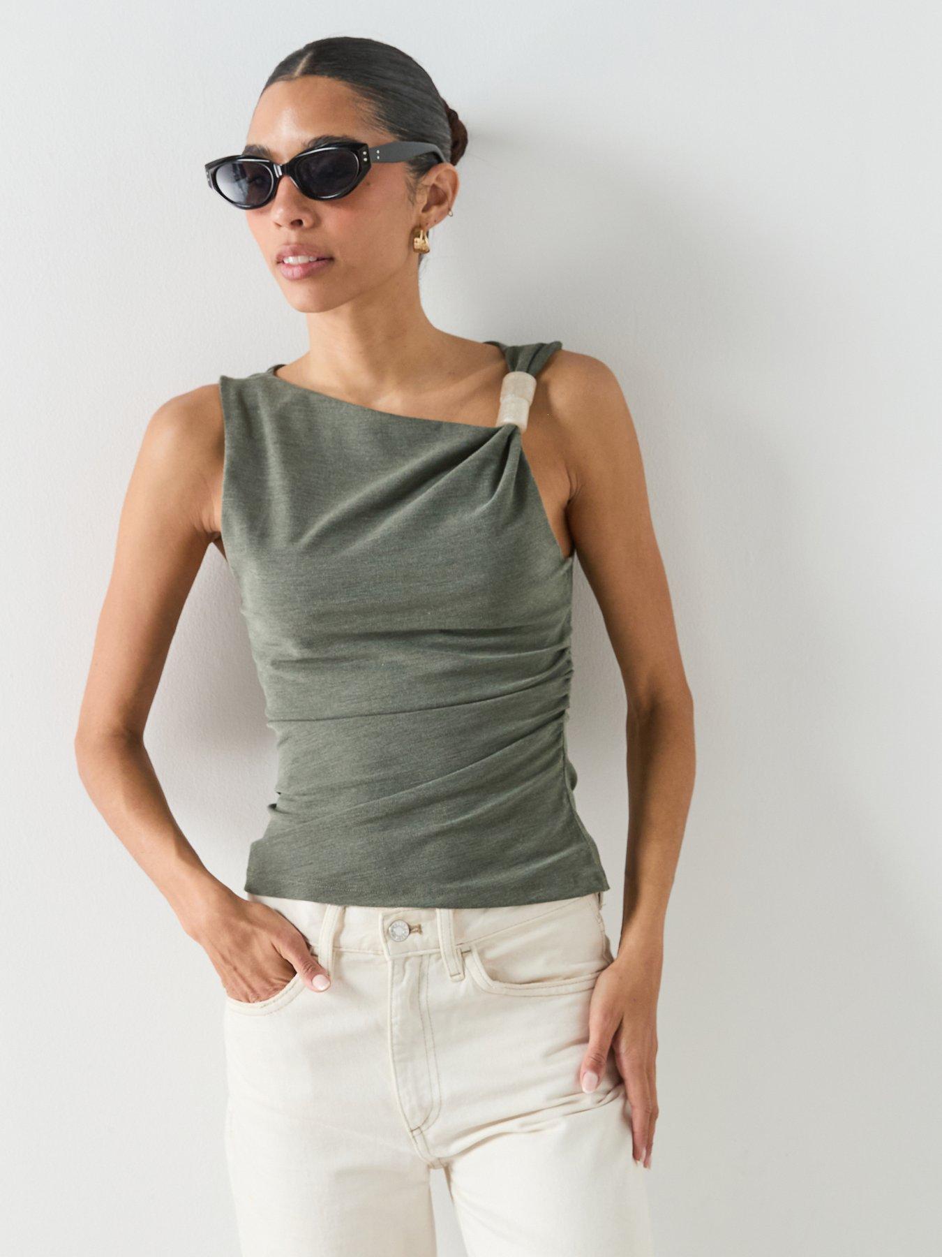 front image of mango-asymmetric-ruched-top-green