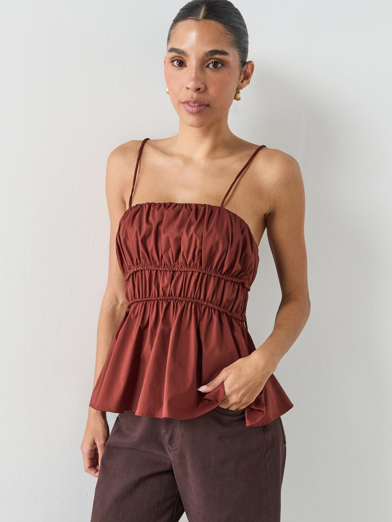 Mango Ruched Cotton Co-ord Top - Brown