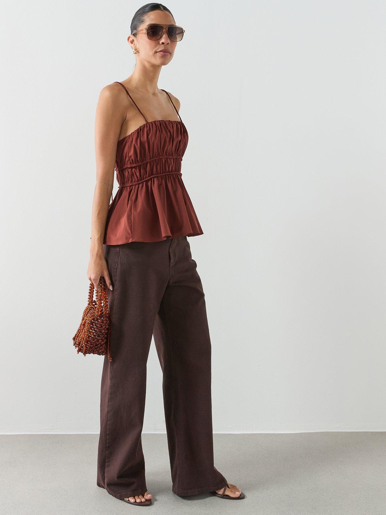 Image 3 of 6 of Mango Ruched Cotton Top - Brown