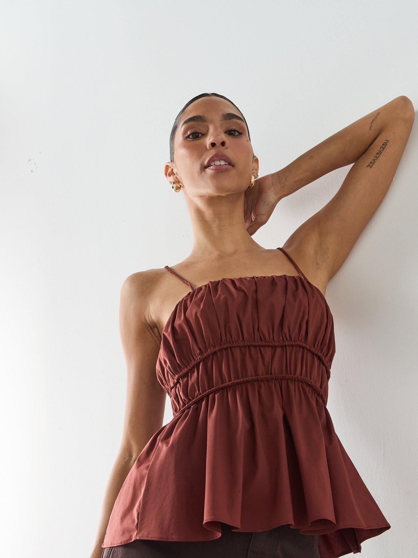 Image 5 of 6 of Mango Ruched Cotton Top - Brown
