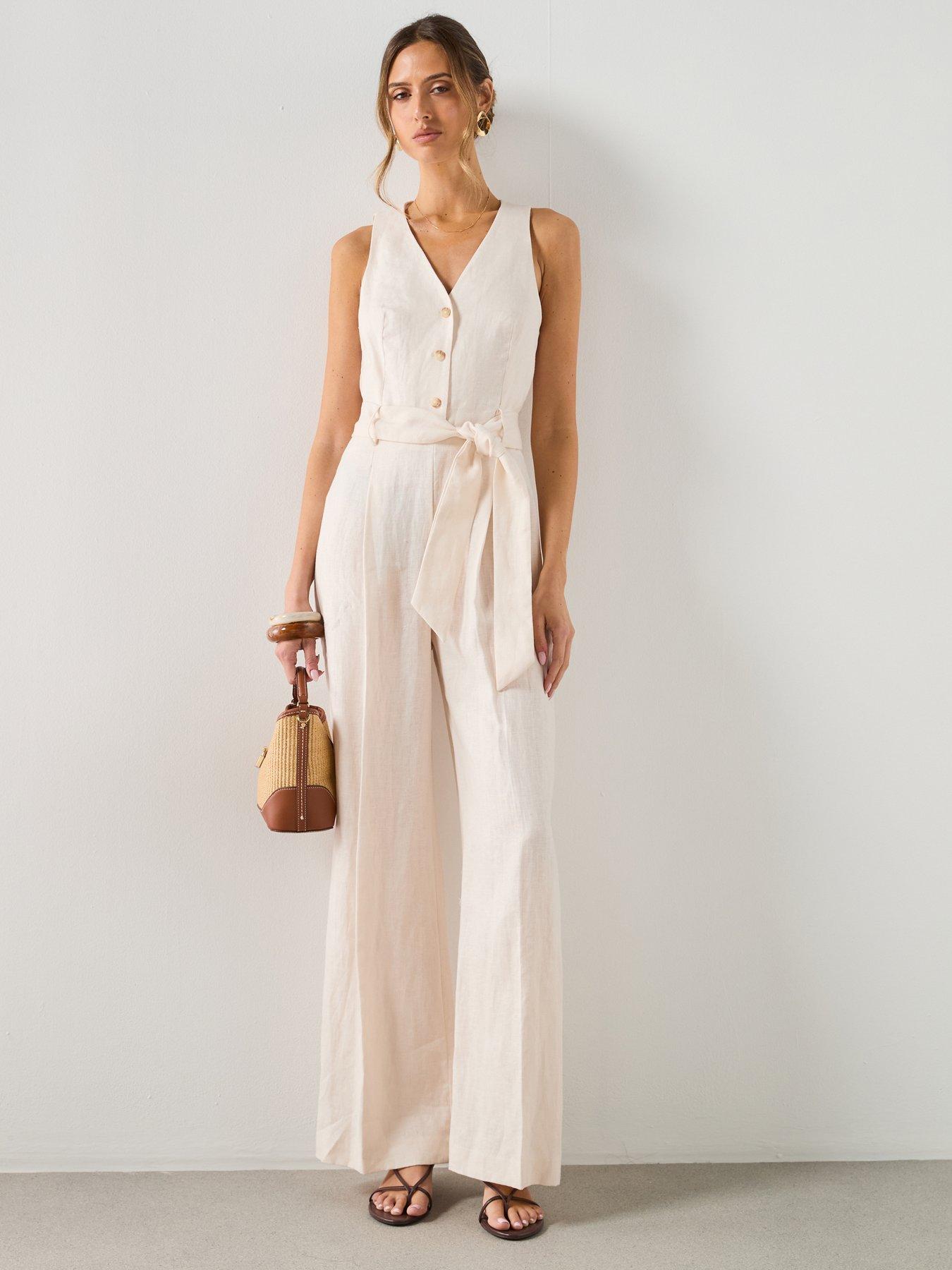 Mango Belt Linen Jumpsuit - Cream - Beige