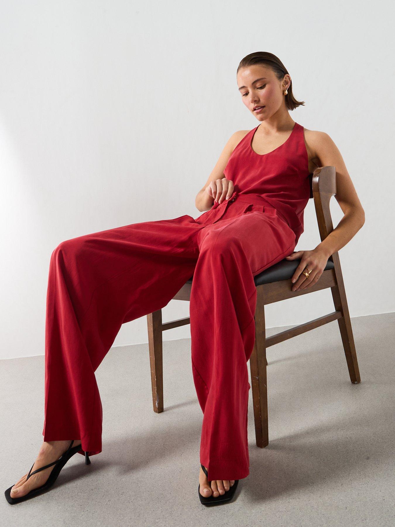 Image 4 of 6 of Mango Straight Lyocell Co-ord Trousers - Red