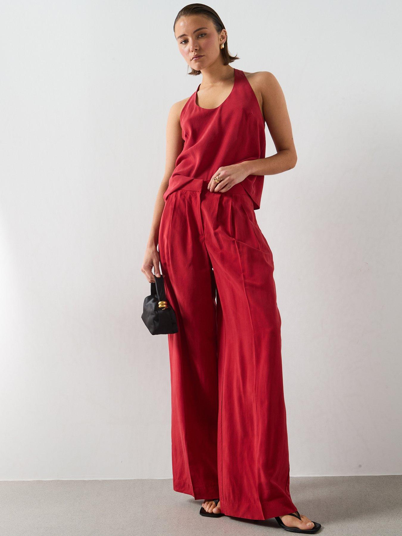 Image 6 of 6 of Mango Straight Lyocell Co-ord Trousers - Red