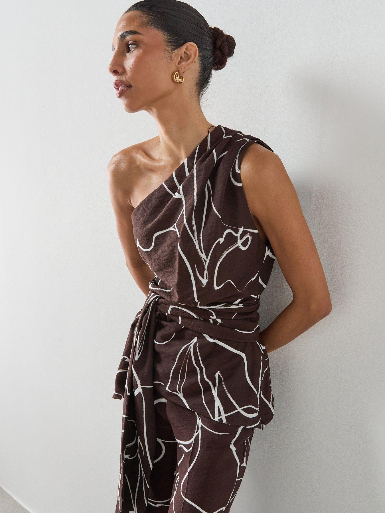 Mango Asymmetric Printed Co-ord Top - Brown