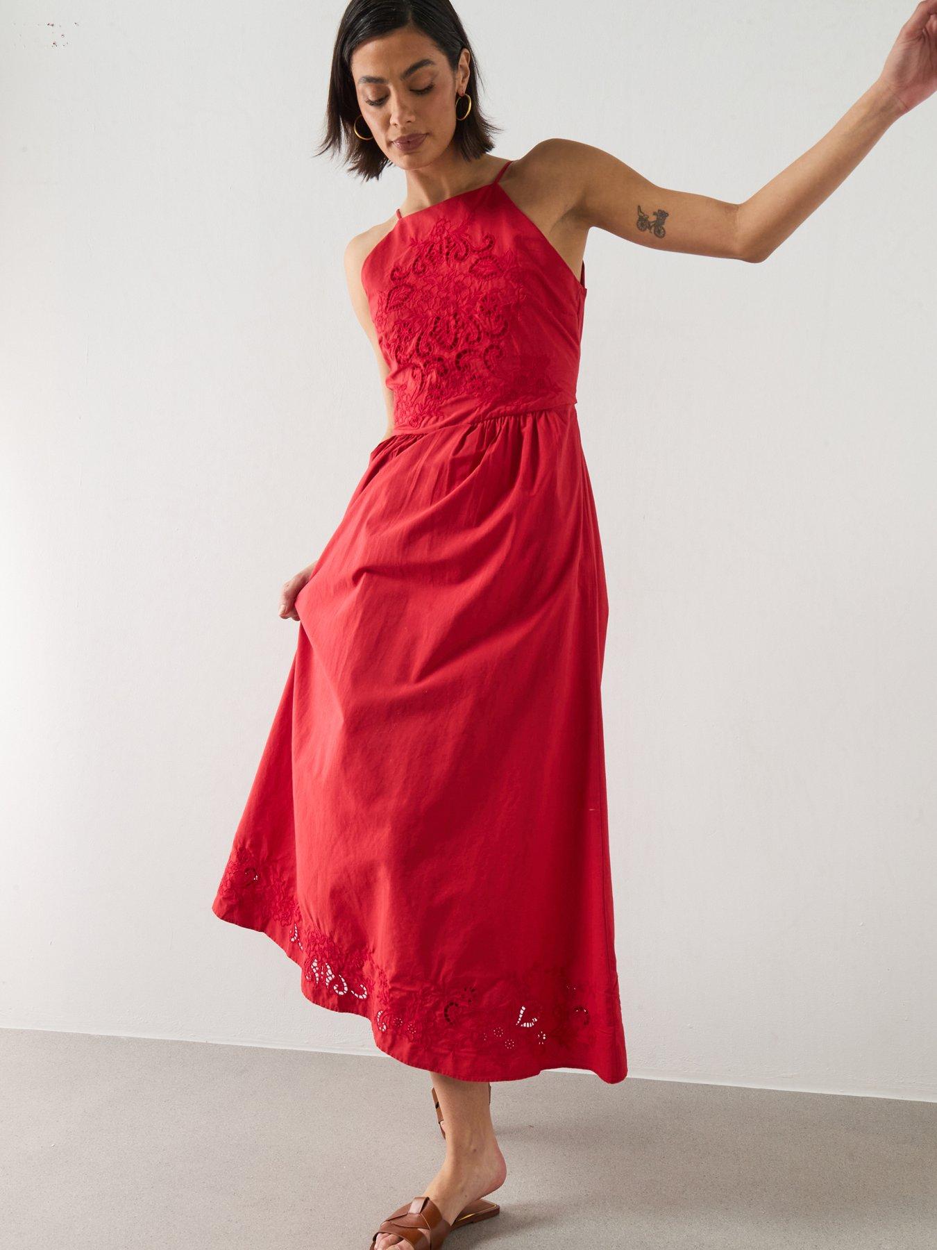 Mango Cotton Dress With Openwork Embroidery - Red