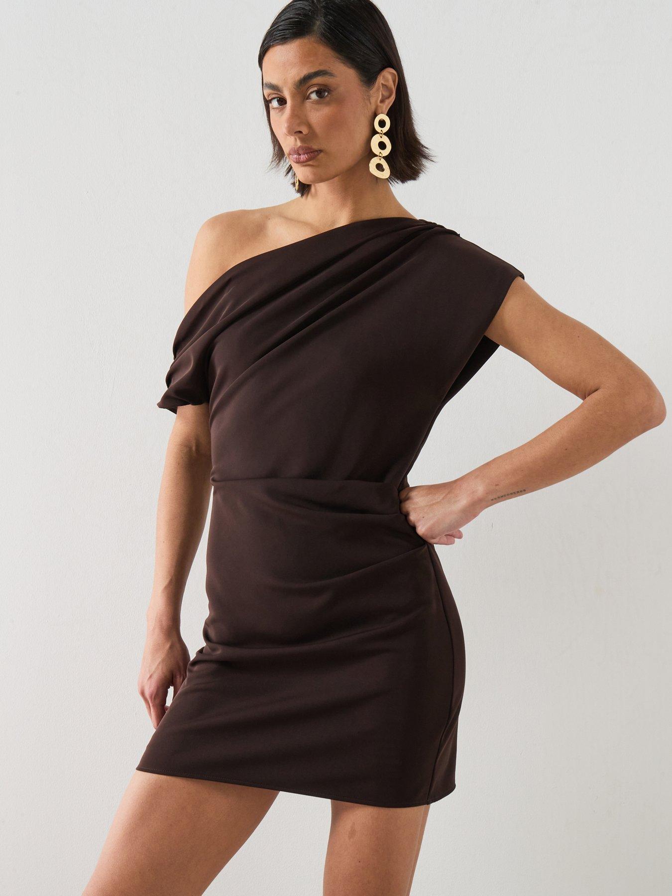 Mango Asymmetrical Pleated Dress - Brown
