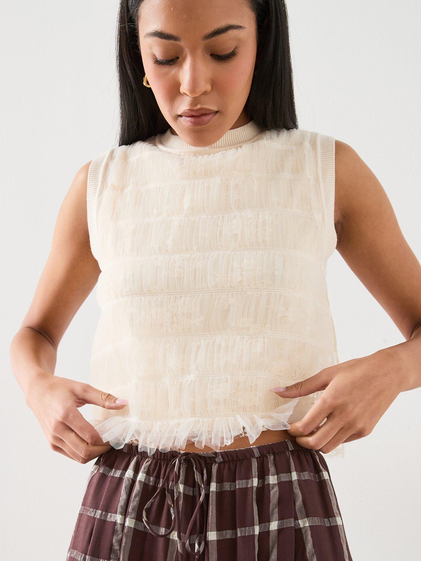 Mango Ruched Mixed Fabric Top - Ecru