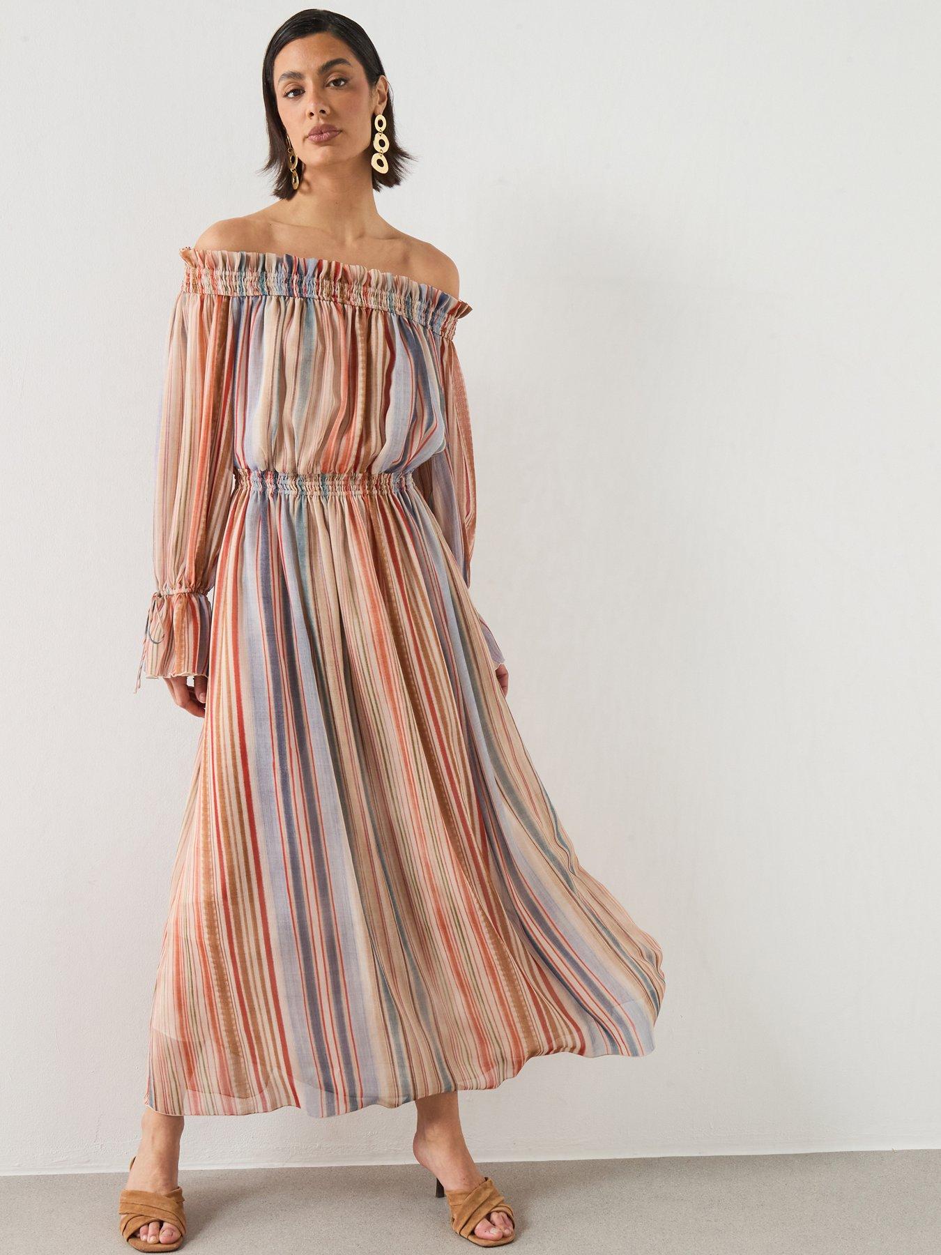 Image 1 of 6 of Mango Striped Strapless Dress - Cream - Beige