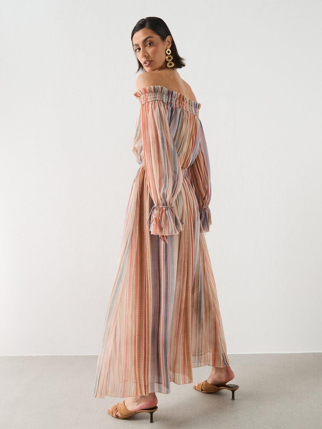 Image 2 of 6 of Mango Striped Strapless Dress - Cream - Beige