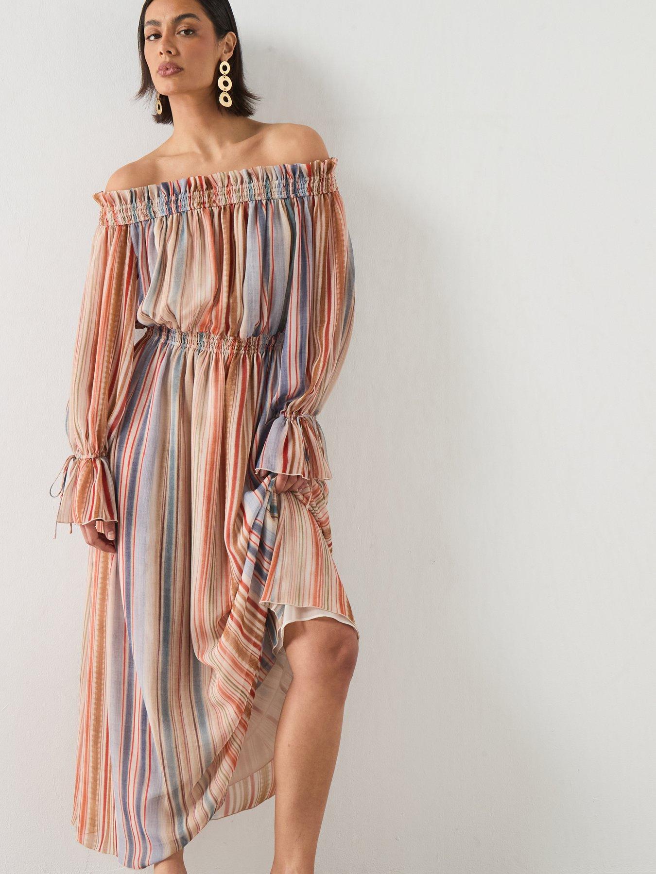 Image 3 of 6 of Mango Striped Strapless Dress - Cream - Beige